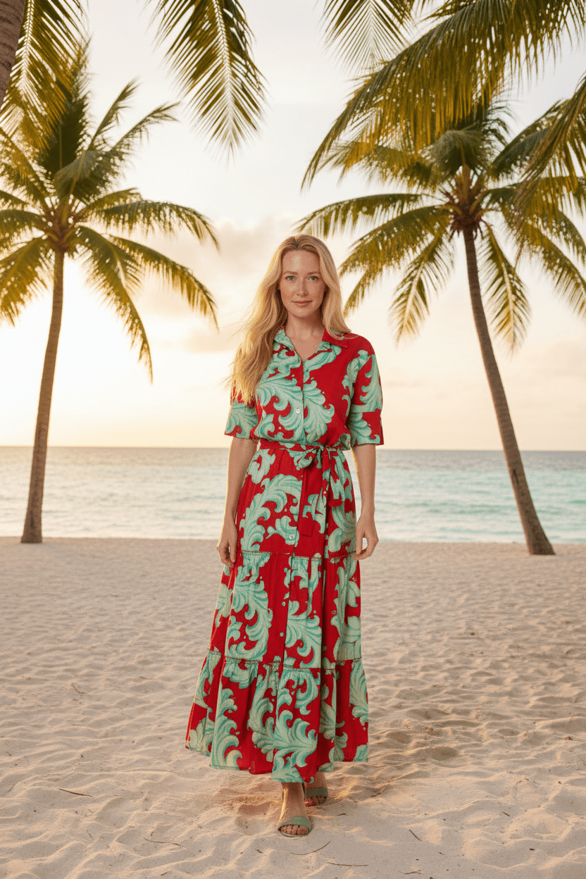 Modaposa Red Baroque Scroll Tiered Maxi Dress - The Garment Garden Boutique