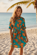 Modaposa Teal Seashell Print Belted Shirt Dress - The Garment Garden Boutique