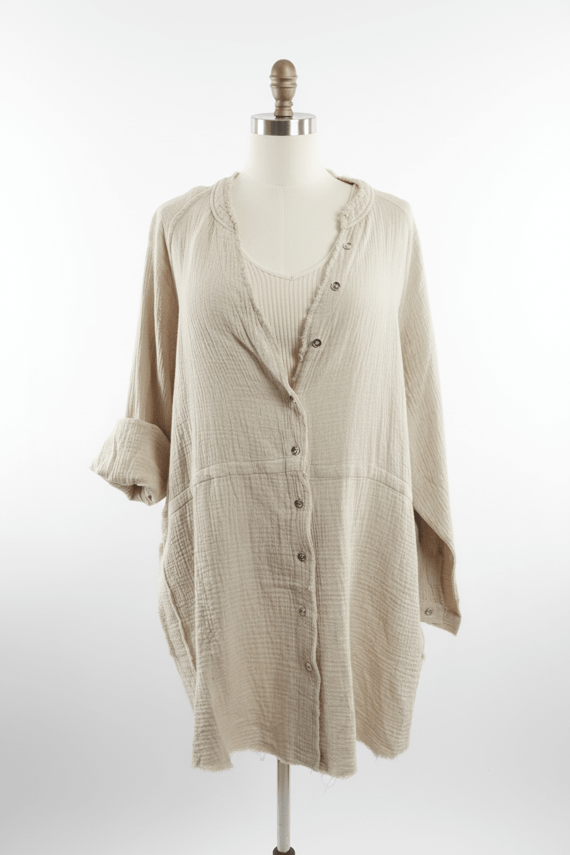 Natural Gauze Oversized Button-Down Shirt Dress - The Garment Garden Boutique