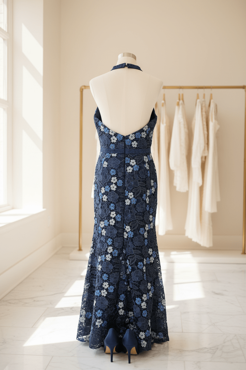 Navy Blue Floral Lace Mermaid Maxi by Just Me - The Garment Garden Boutique