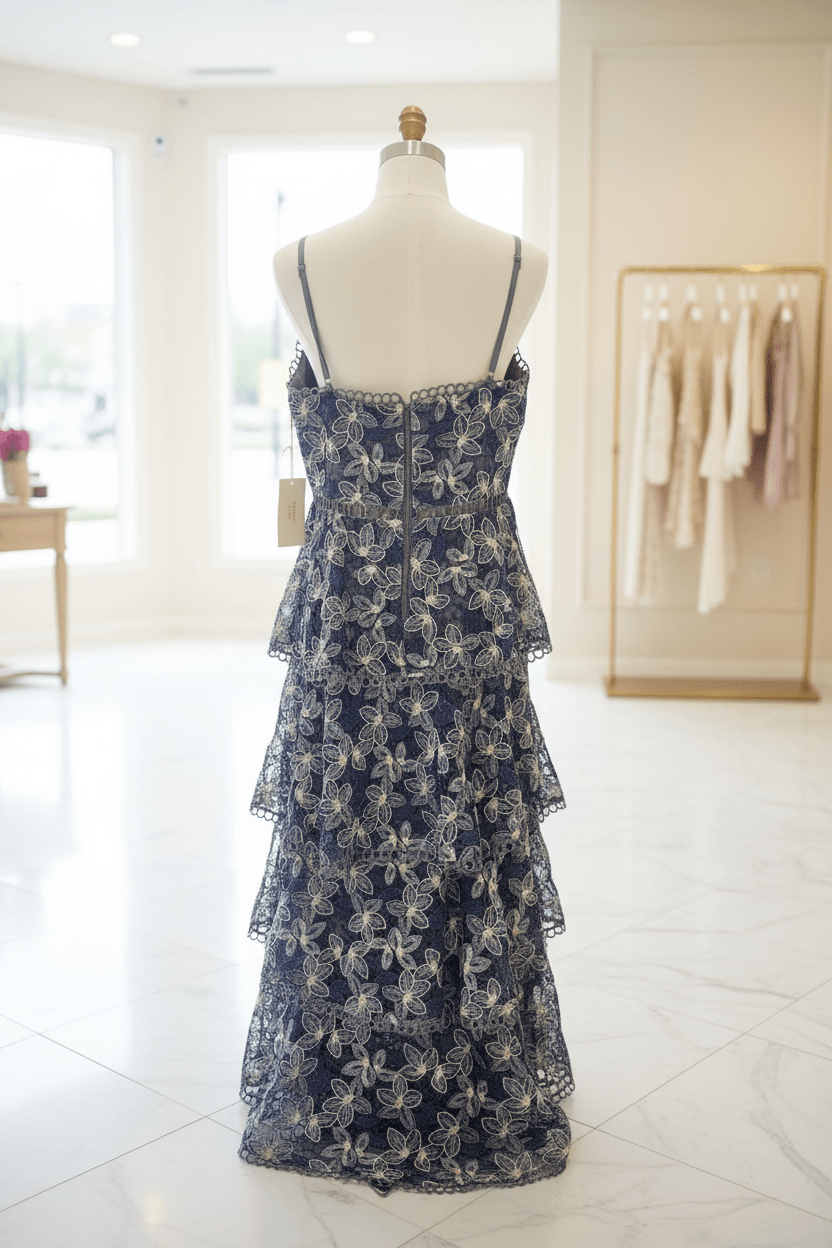 Navy Blue Tiered Floral Lace Maxi Dress by AROSE – Formal & Wedding Guest - The Garment Garden Boutique