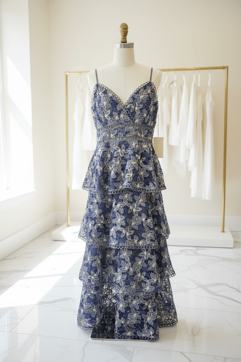 Navy Blue Tiered Floral Lace Maxi Dress by AROSE – Formal & Wedding Guest - The Garment Garden Boutique