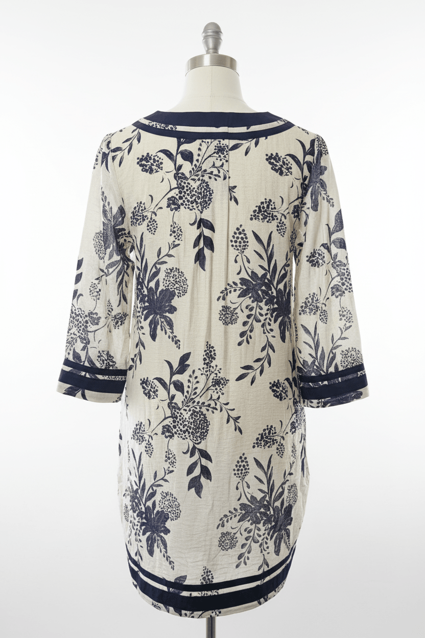 Entro Cream & Navy Botanical Floral Tunic Mini Dress - The Garment Garden Boutique