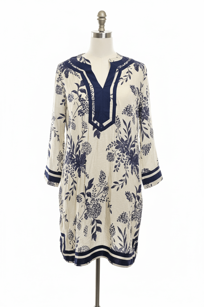 Entro Cream & Navy Botanical Floral Tunic Mini Dress - The Garment Garden Boutique