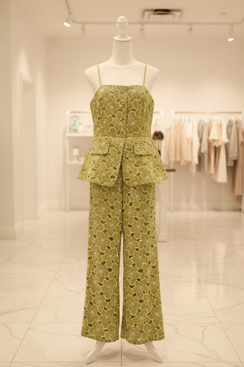 Olive Green Floral Cutwork One piece jumpsuit - The Garment Garden Boutique