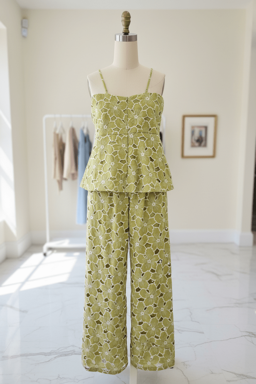 Olive Green Floral Cutwork One piece jumpsuit - The Garment Garden Boutique