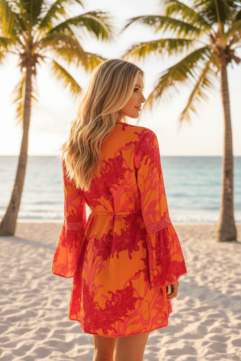 Modaposa Orange & Pink Floral Embroidered Bell Sleeve Mini Dress - The Garment Garden Boutique