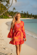 Modaposa Orange & Pink Floral Embroidered Bell Sleeve Mini Dress - The Garment Garden Boutique