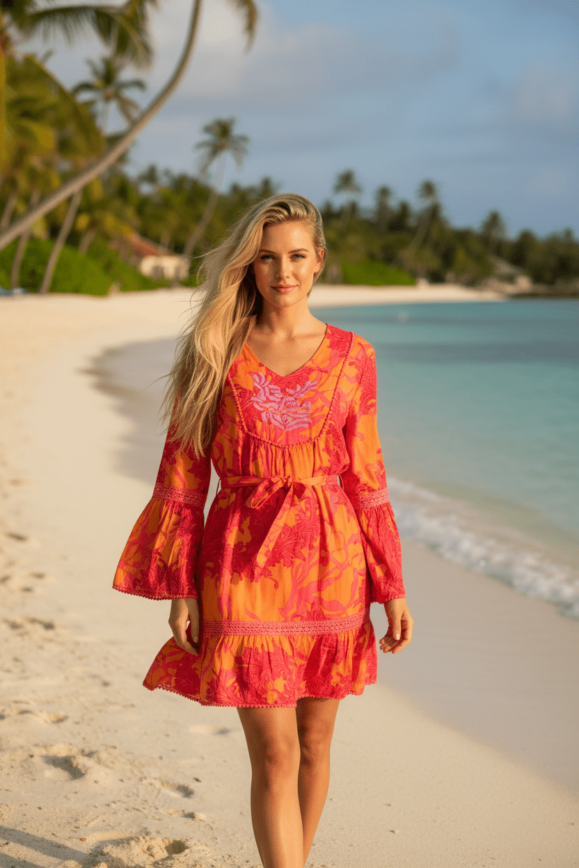 Modaposa Orange & Pink Floral Embroidered Bell Sleeve Mini Dress - The Garment Garden Boutique