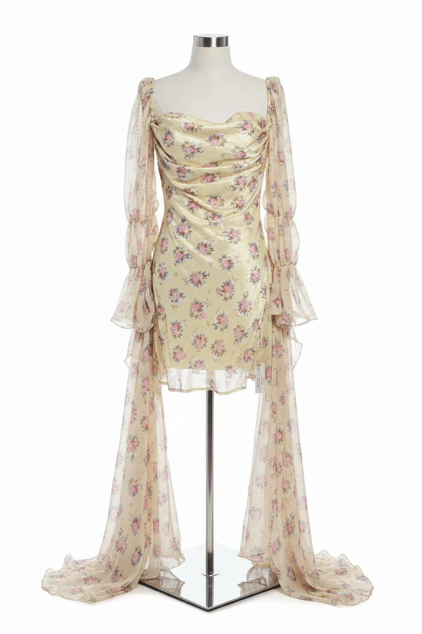 For Love & Lemons Pale Yellow Floral Chiffon Mini Dress - The Garment Garden Boutique