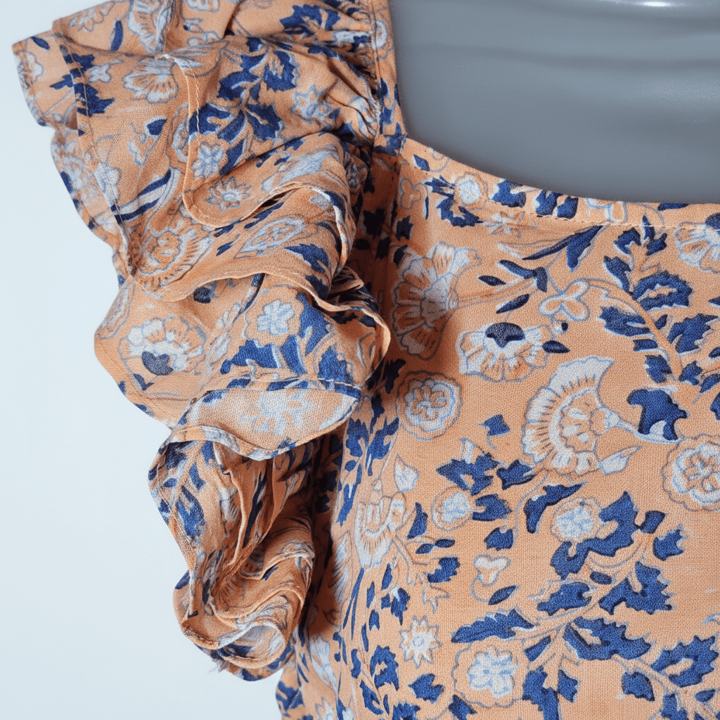 Cleobella Peach Floral-Print Ruffle Shoulder Mini Dress - The Garment Garden Boutique