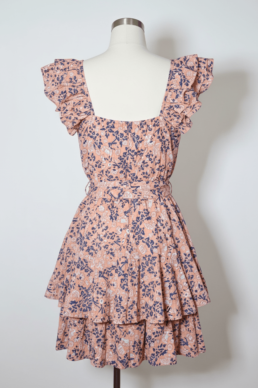 Cleobella Peach Floral-Print Ruffle Shoulder Mini Dress - The Garment Garden Boutique