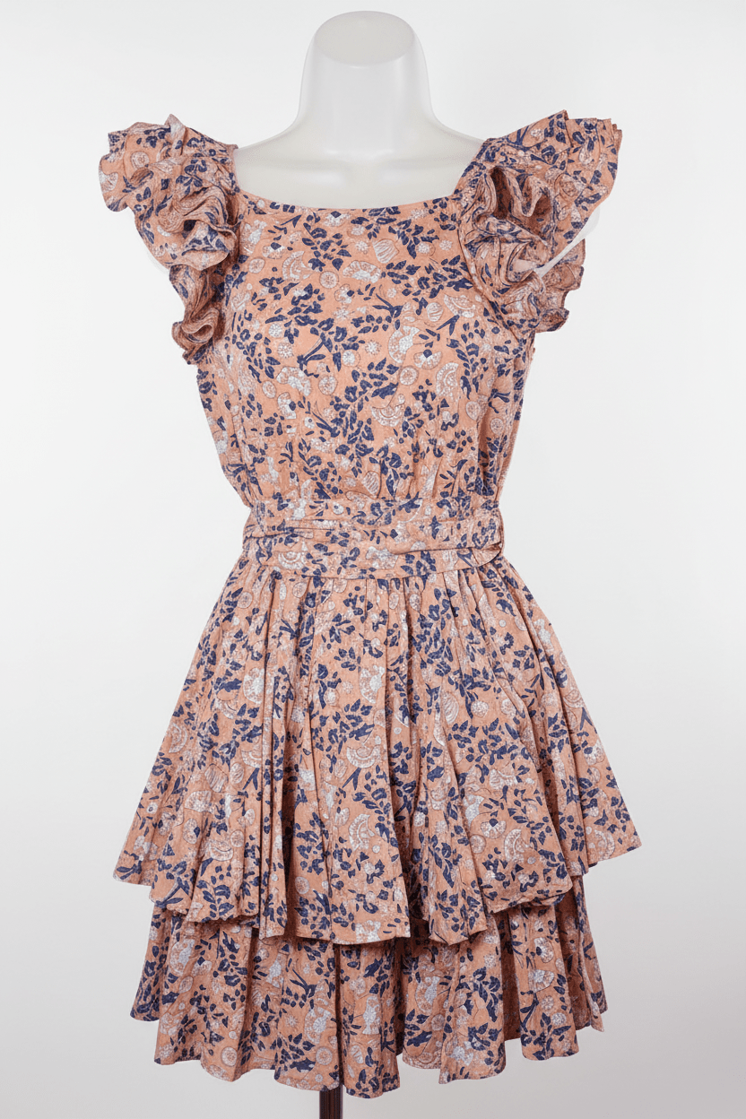 Cleobella Peach Floral-Print Ruffle Shoulder Mini Dress - The Garment Garden Boutique