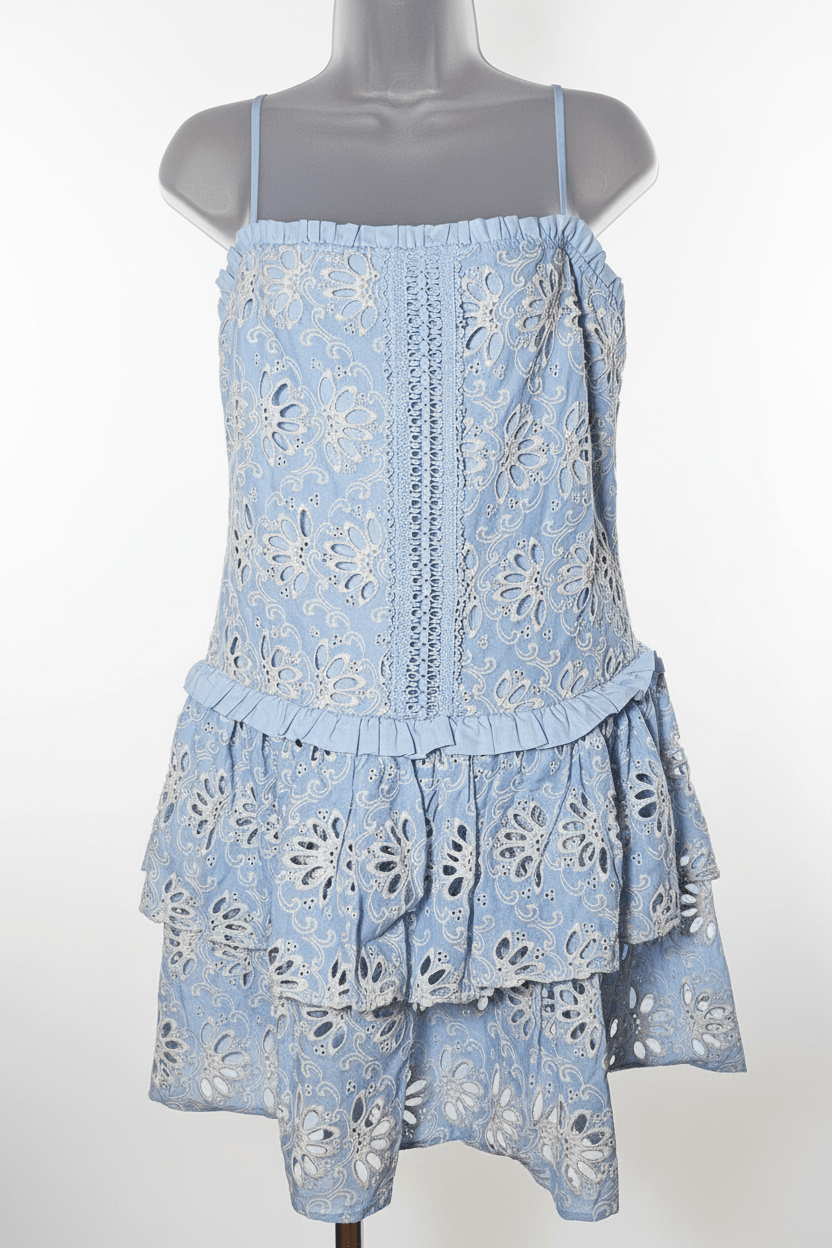 Periwinkle Blue Eyelet Embroidery Tiered Mini Dress - The Garment Garden Boutique