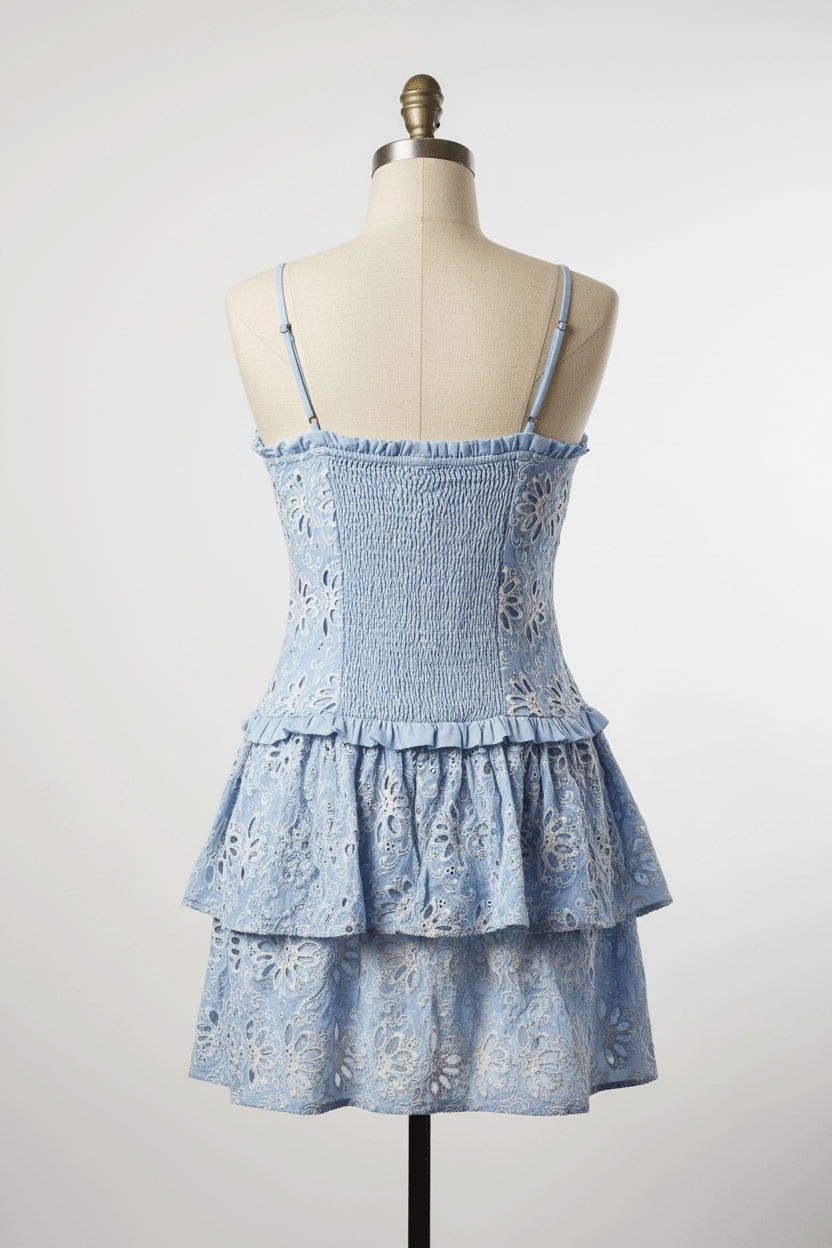 Periwinkle Blue Eyelet Embroidery Tiered Mini Dress - The Garment Garden Boutique