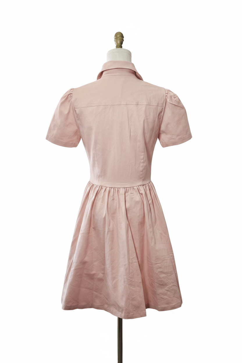 Mainstrip Blush Pink Cotton Puff Sleeve Mini Dress with Gold Crest Buttons - The Garment Garden Boutique
