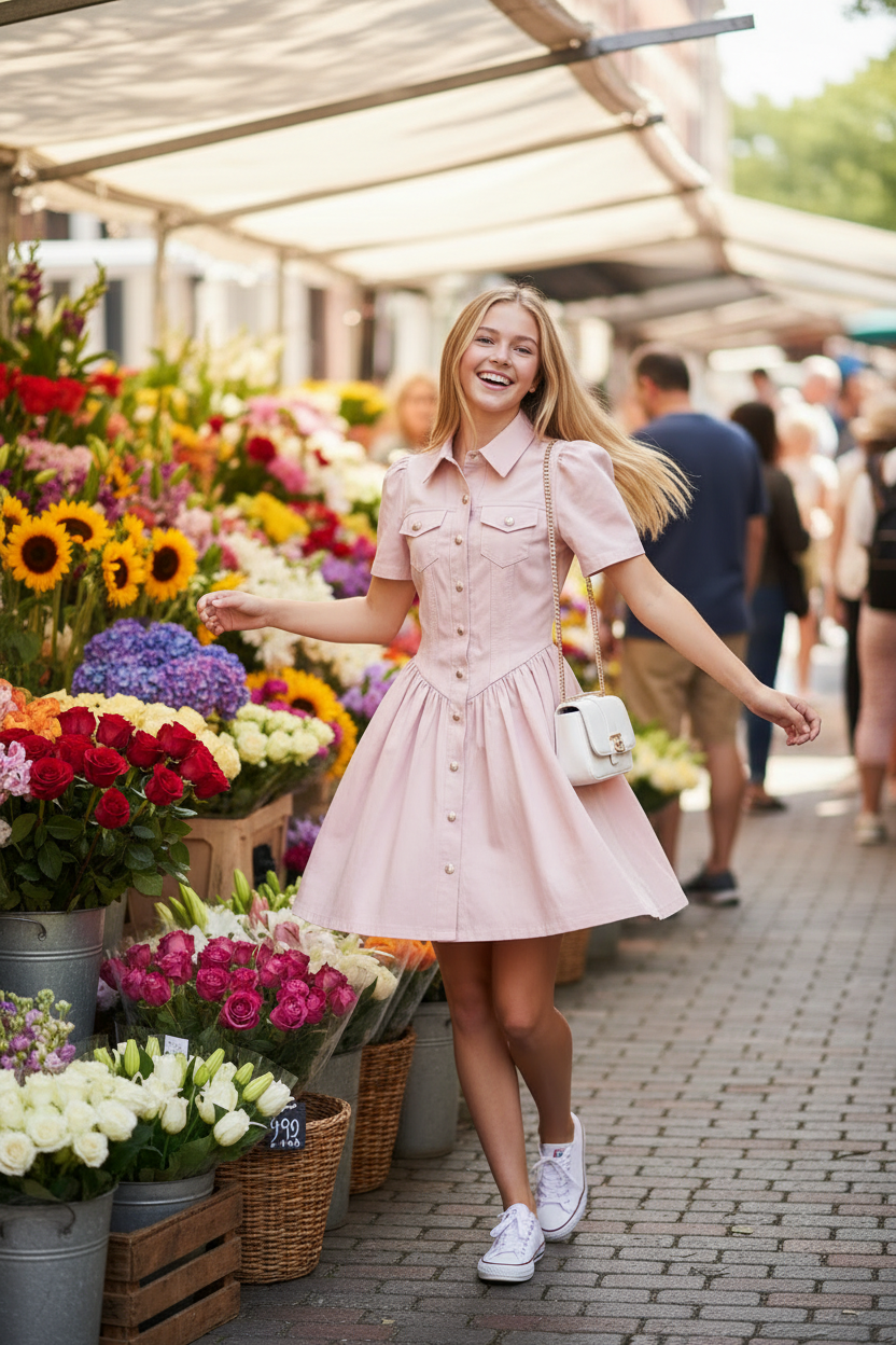 Mainstrip Blush Pink Cotton Puff Sleeve Mini Dress with Gold Crest Buttons - The Garment Garden Boutique