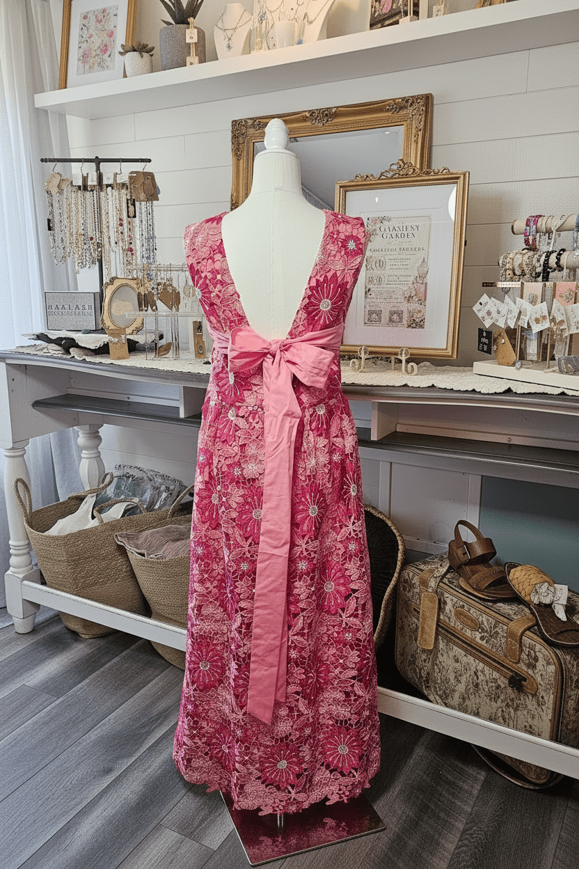 Pink Floral Lace Open Back Midi Dress by Just Me - The Garment Garden Boutique