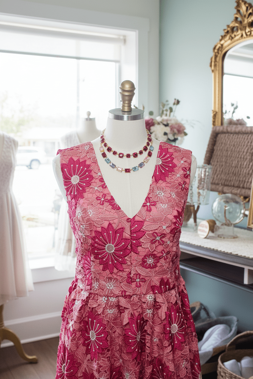 Pink Floral Lace Open Back Midi Dress by Just Me - The Garment Garden Boutique