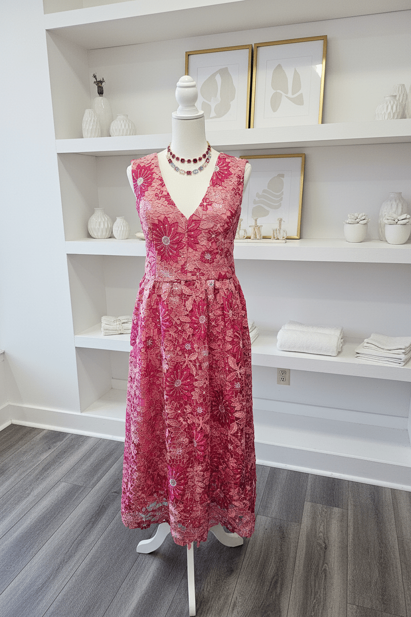 Pink Floral Lace Open Back Midi Dress by Just Me - The Garment Garden Boutique
