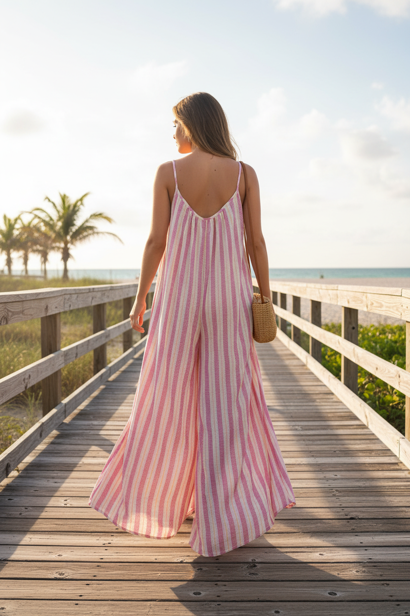 Pink Stripe Jumpsuit - Back Boardwalk
