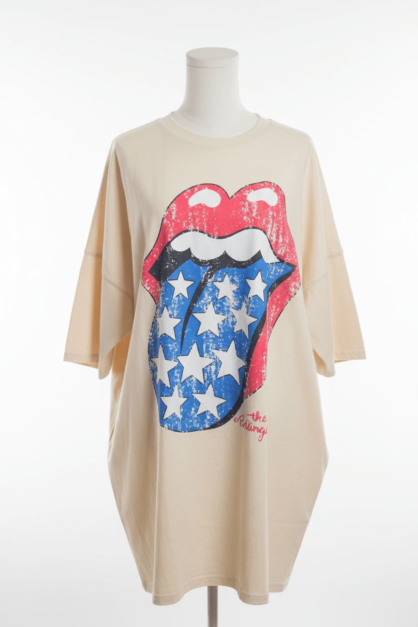 Rolling Stones x Fantastic Fawn Oversized Graphic Dress – Cream - The Garment Garden Boutique