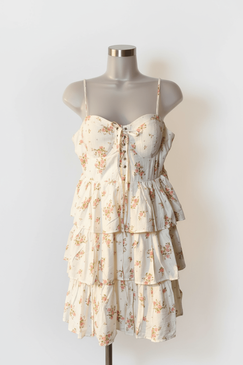 Blu Pepper Cream Rose Pinstripe Corset Tiered Ruffle Mini Dress - The Garment Garden Boutique