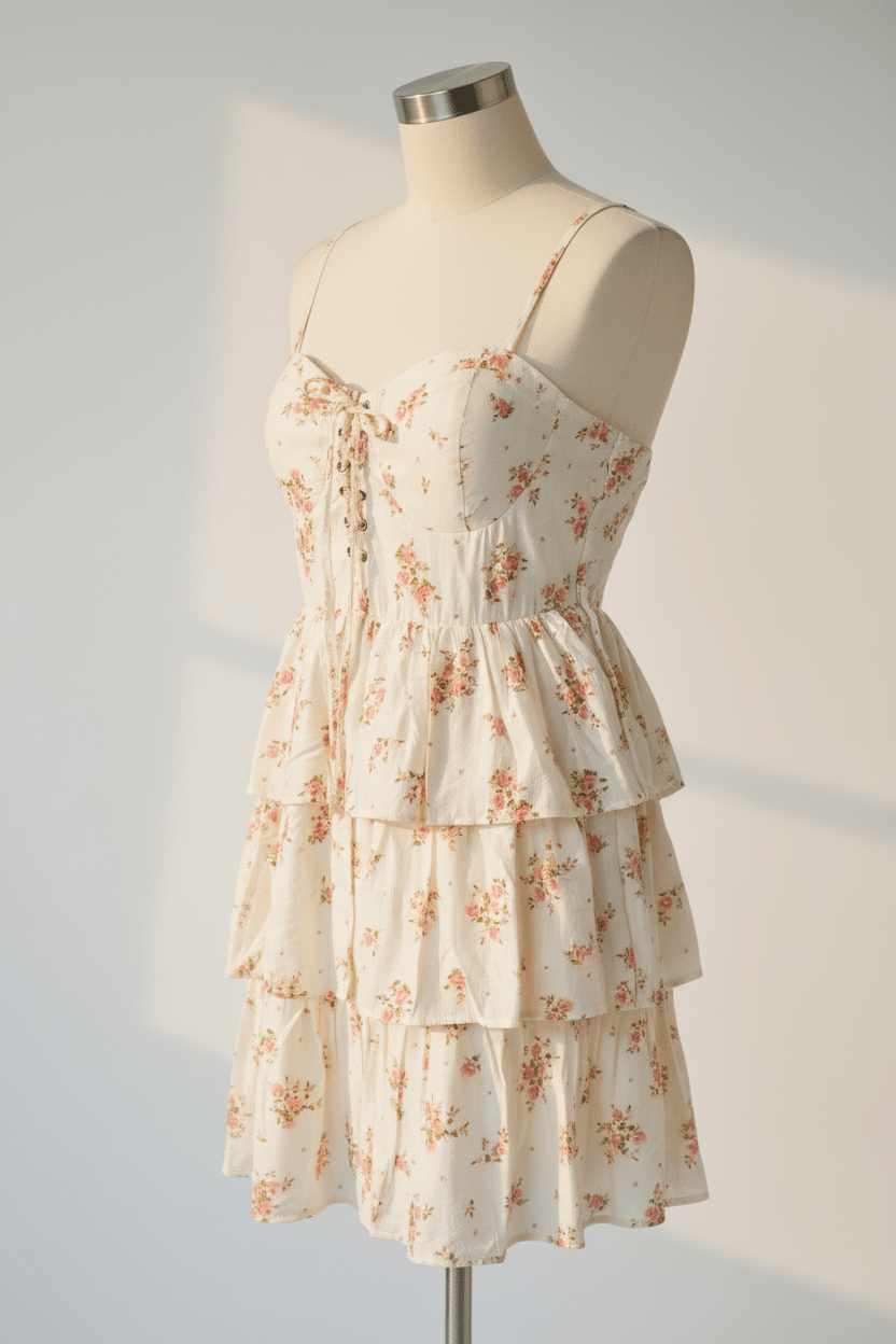 Blu Pepper Cream Rose Pinstripe Corset Tiered Ruffle Mini Dress - The Garment Garden Boutique
