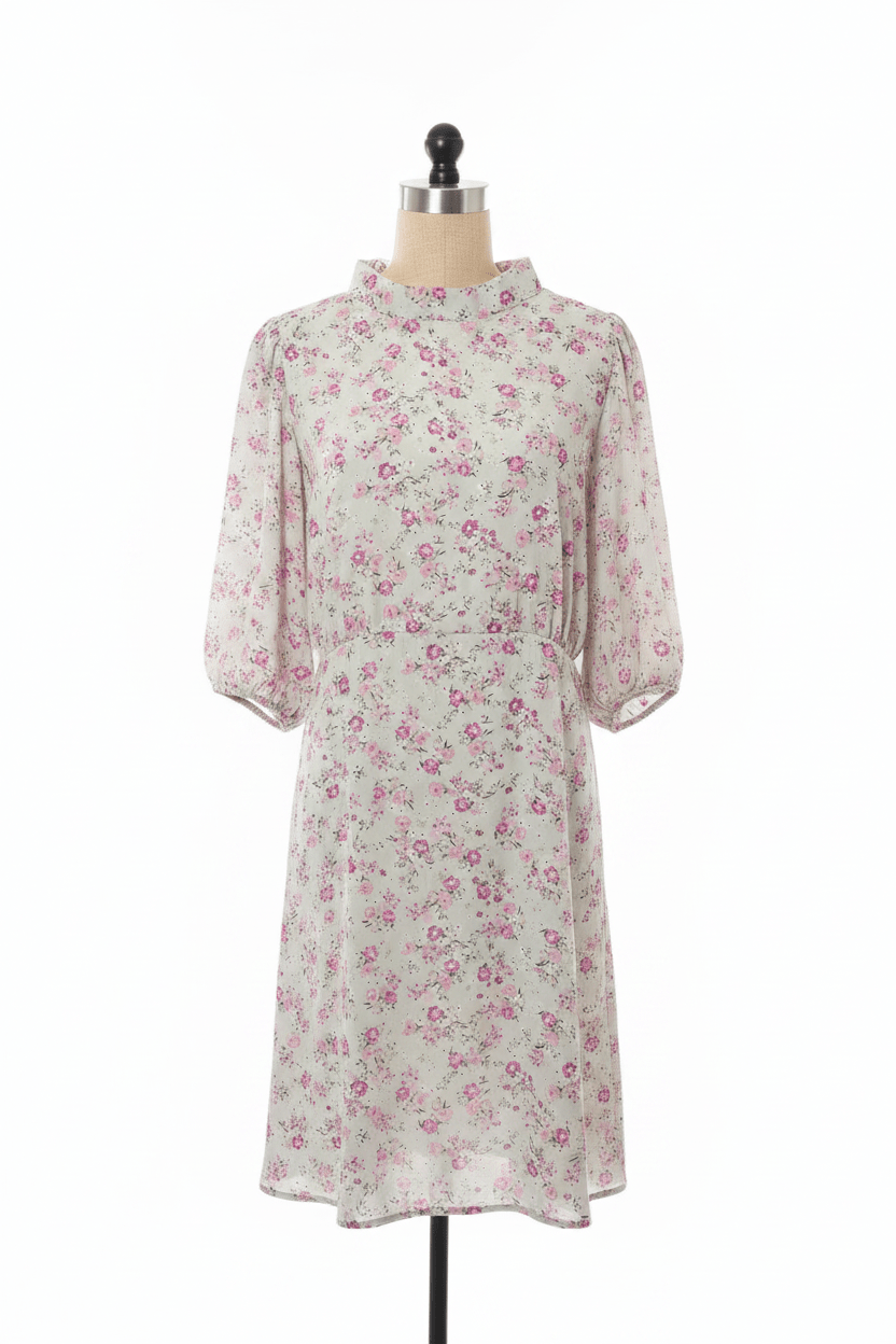 Sage Floral Mock Neck Balloon Sleeve Mini Dress - The Garment Garden Boutique