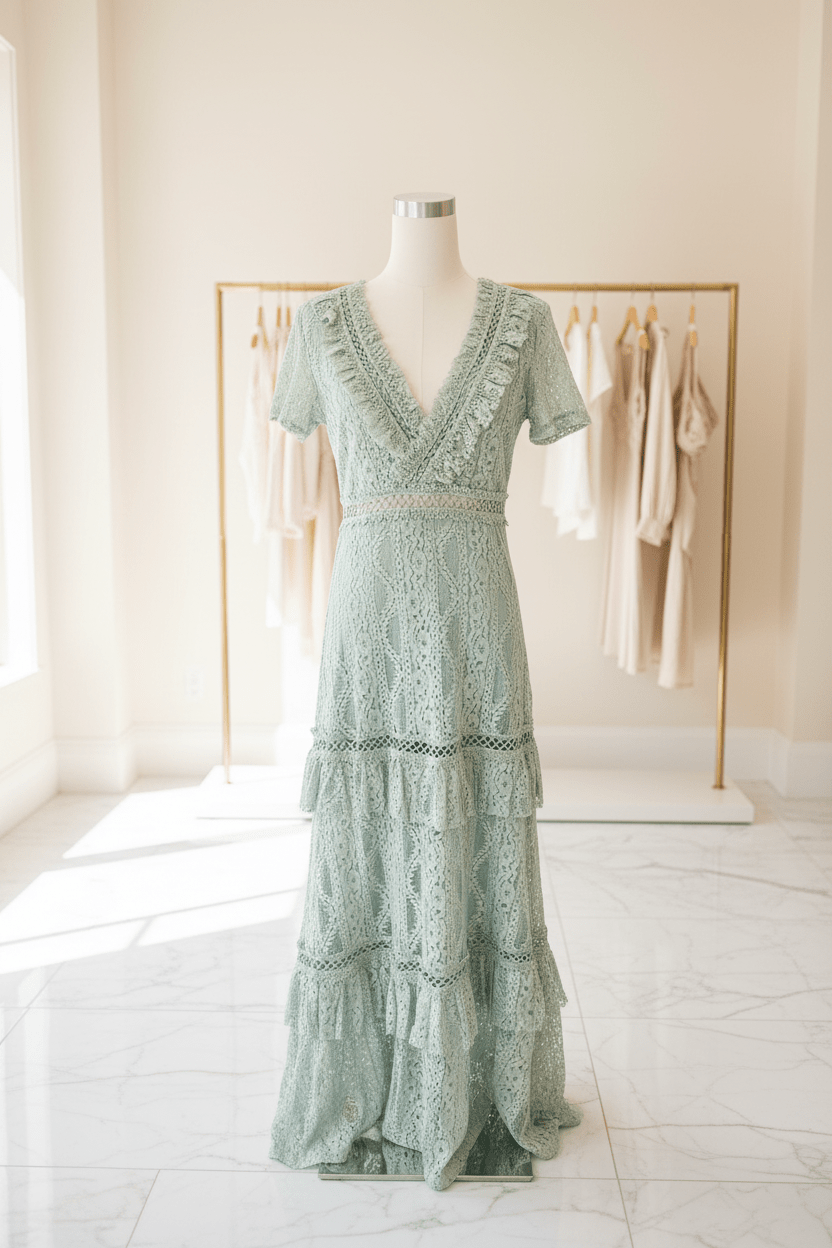 Sage Green Tiered Ruffle Lace Maxi Dress by Just Me - The Garment Garden Boutique
