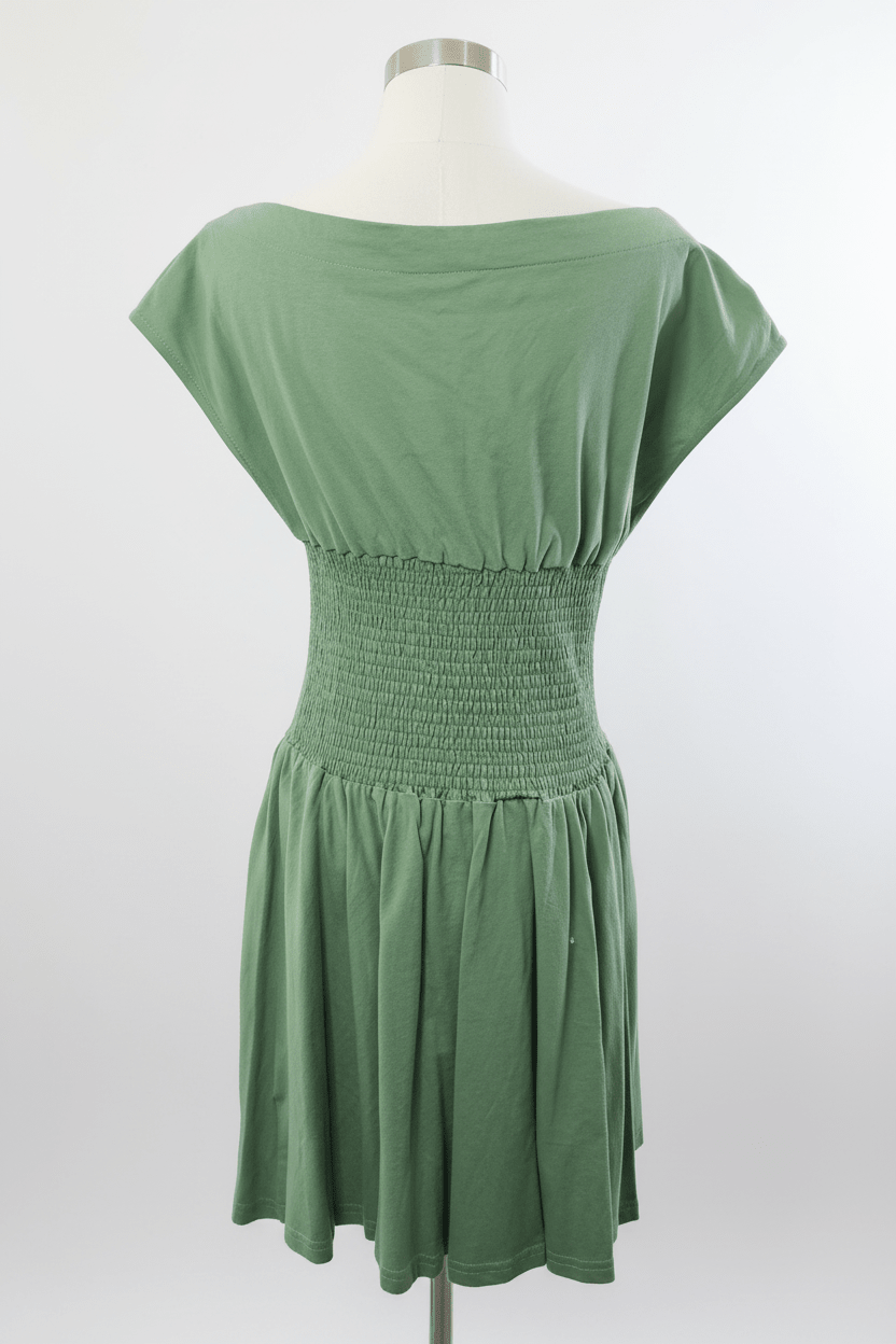 Altar'd State Sage Green Smocked Waist Off-Shoulder Mini Dress - The Garment Garden Boutique