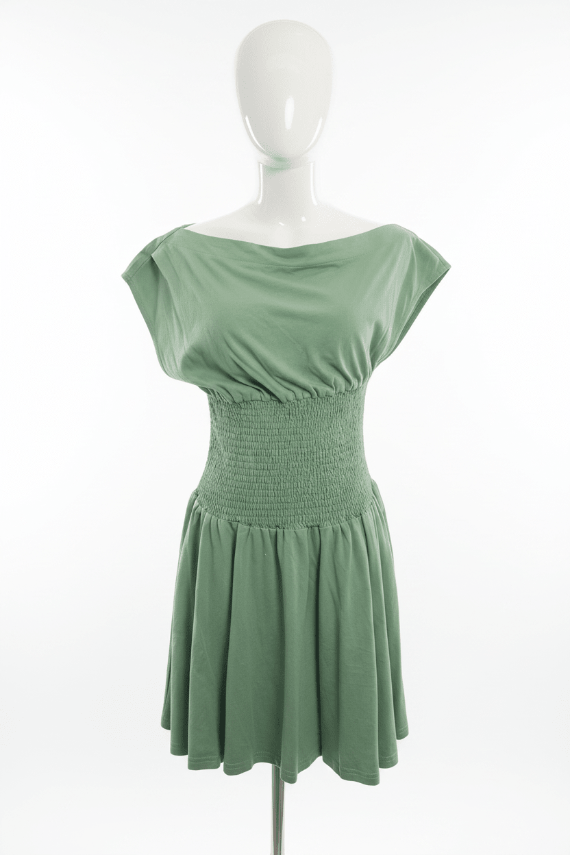 Altar'd State Sage Green Smocked Waist Off-Shoulder Mini Dress - The Garment Garden Boutique