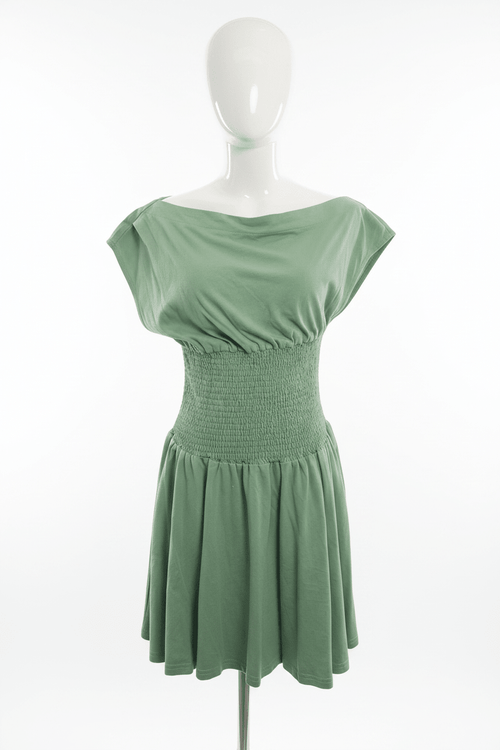 Altar'd State Sage Green Smocked Waist Off-Shoulder Mini Dress - The Garment Garden Boutique