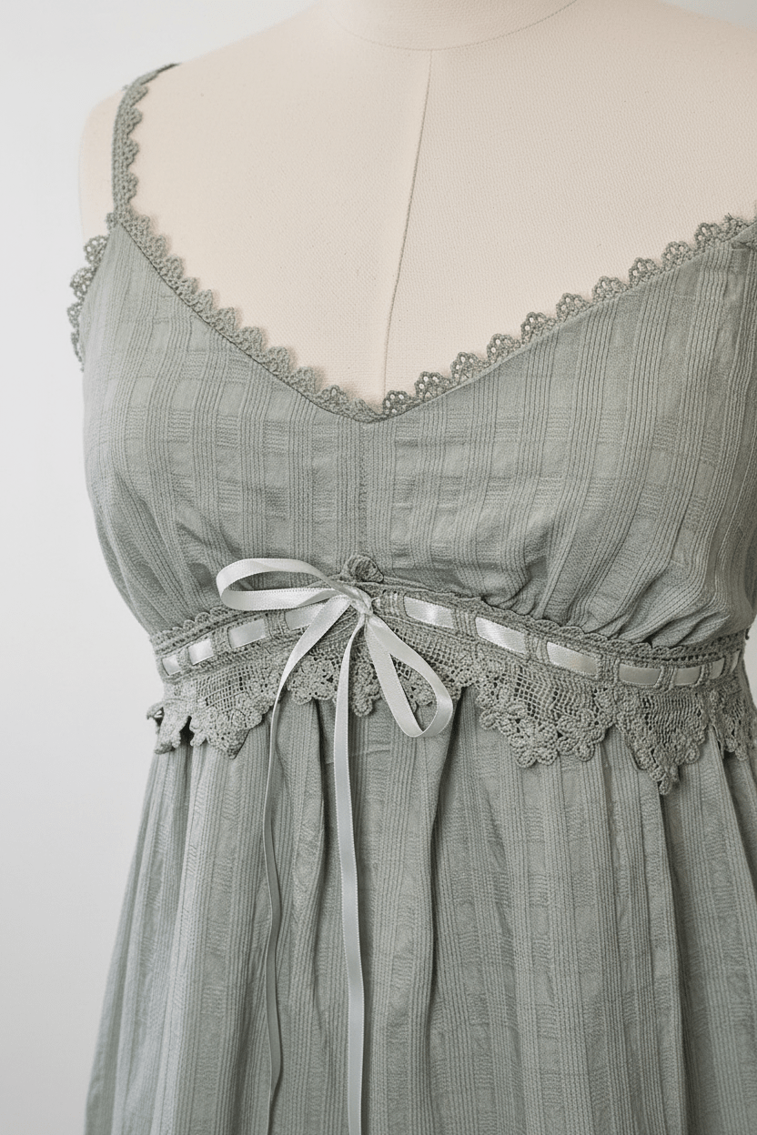 Sage Pintuck Crochet Lace Empire Waist Mini Dress - The Garment Garden Boutique