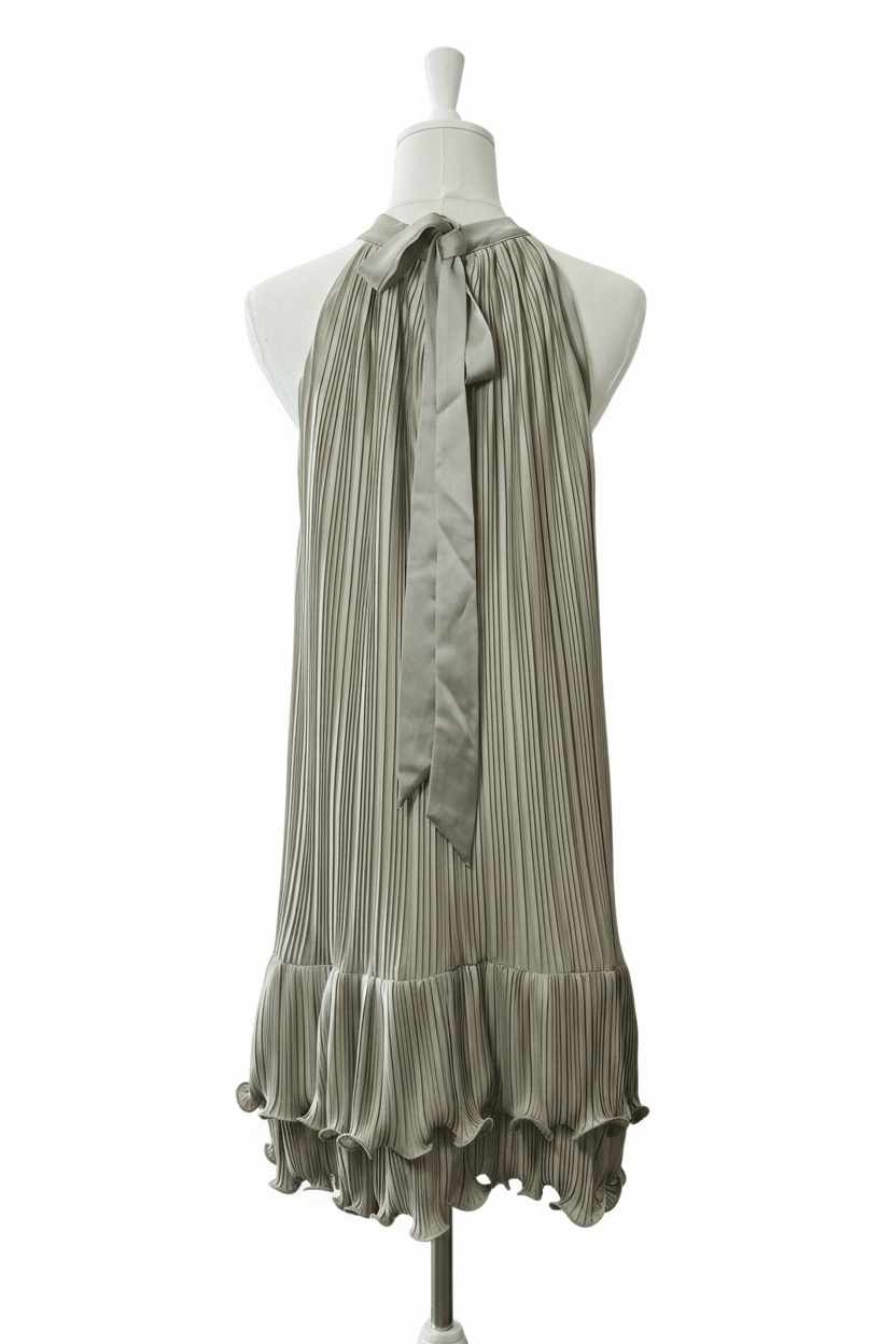 Sage Pleated Halter Midi Dress with Ruffle Hem - The Garment Garden Boutique