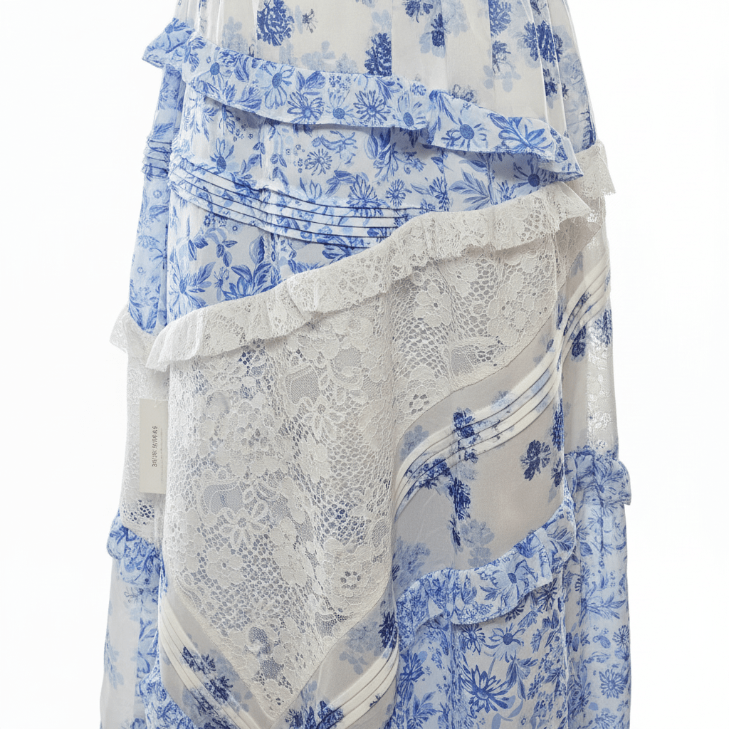 For Love & Lemons Blue Floral Lace Maxi Dress – Designer Wedding Guest Dress - The Garment Garden Boutique