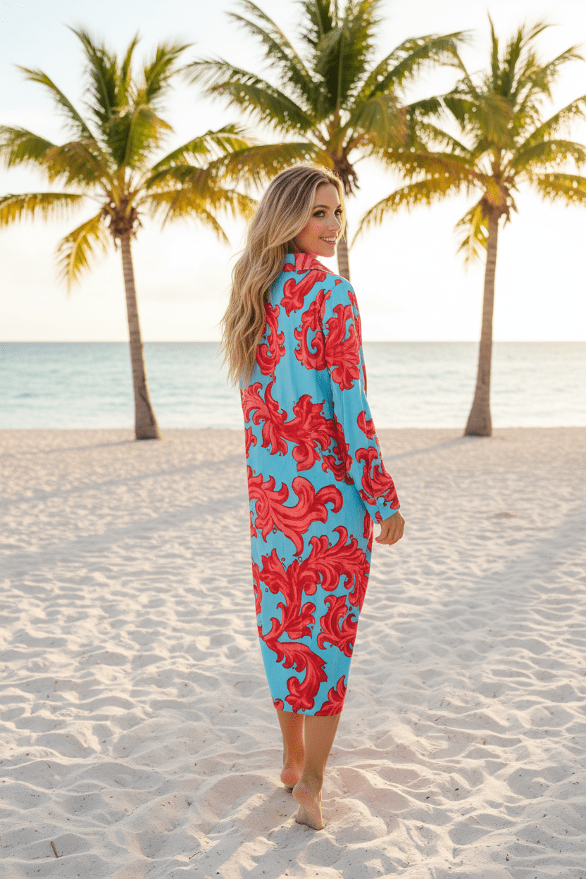 Modaposa Sky Blue & Red Baroque Scroll Rick Rack Caftan Dress - The Garment Garden Boutique