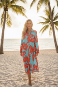 Modaposa Sky Blue & Red Baroque Scroll Rick Rack Caftan Dress - The Garment Garden Boutique