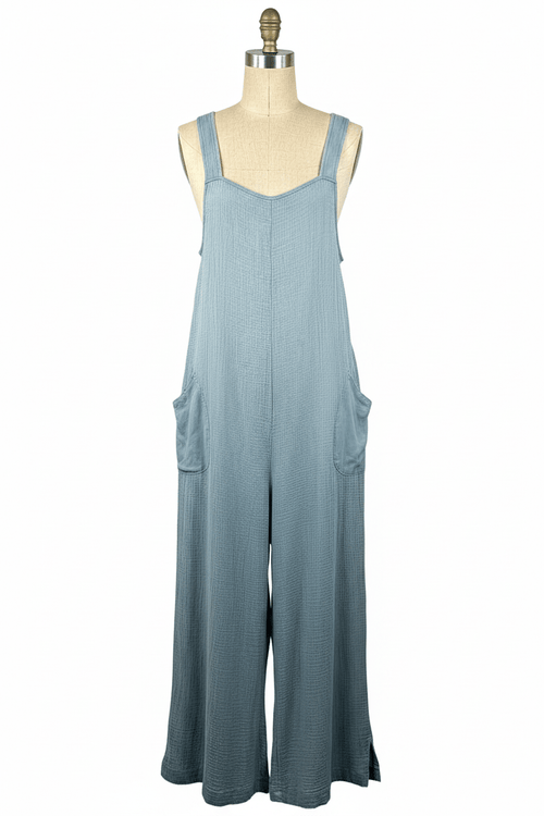 Assorted Colors Crinkle Cotton Wide-Leg Overall Jumpsuit - The Garment Garden Boutique