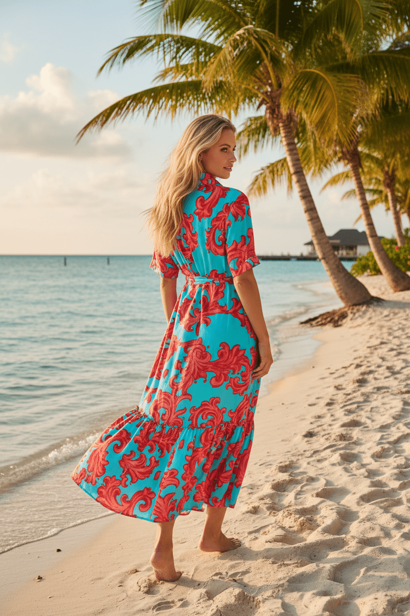 Modaposa Turquoise & Red Baroque Scroll Tiered Maxi Shirt Dress - The Garment Garden Boutique