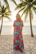 Modaposa Turquoise & Red Baroque Scroll Tiered Maxi Shirt Dress - The Garment Garden Boutique