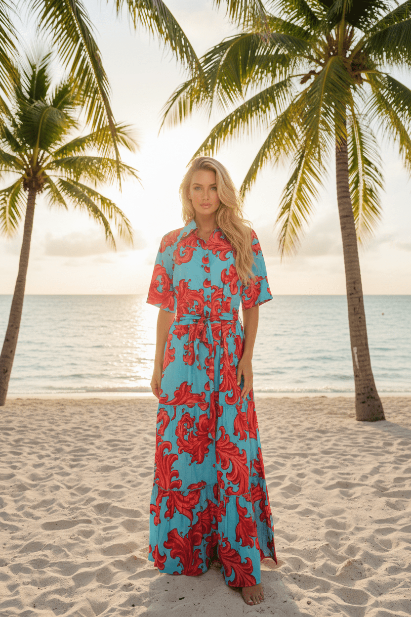 Modaposa Turquoise & Red Baroque Scroll Tiered Maxi Shirt Dress - The Garment Garden Boutique