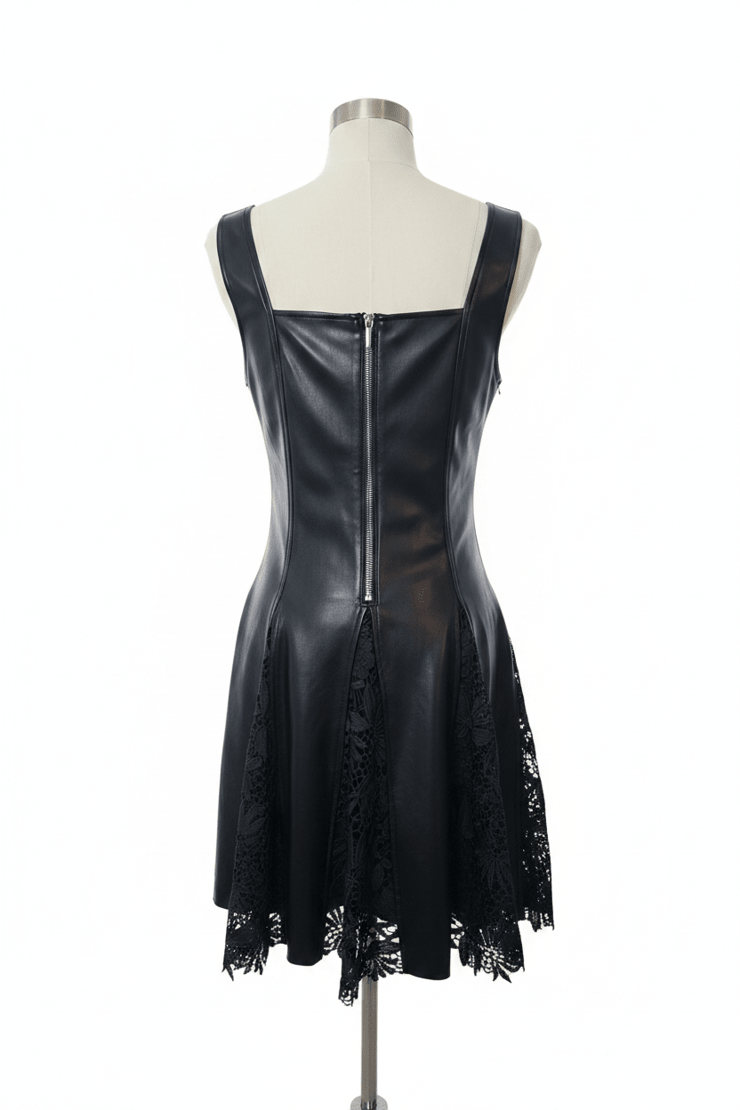 BeBe Faux Leather Floral Lace Hem Mini Dress - The Garment Garden Boutique