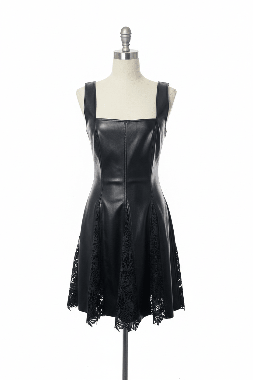 BeBe Faux Leather Floral Lace Hem Mini Dress - The Garment Garden Boutique