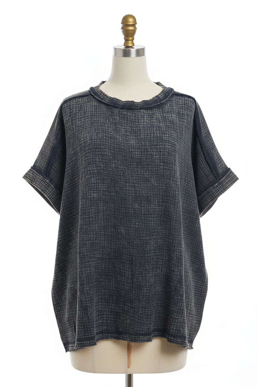 Waffle Knit Top - Navy Front
