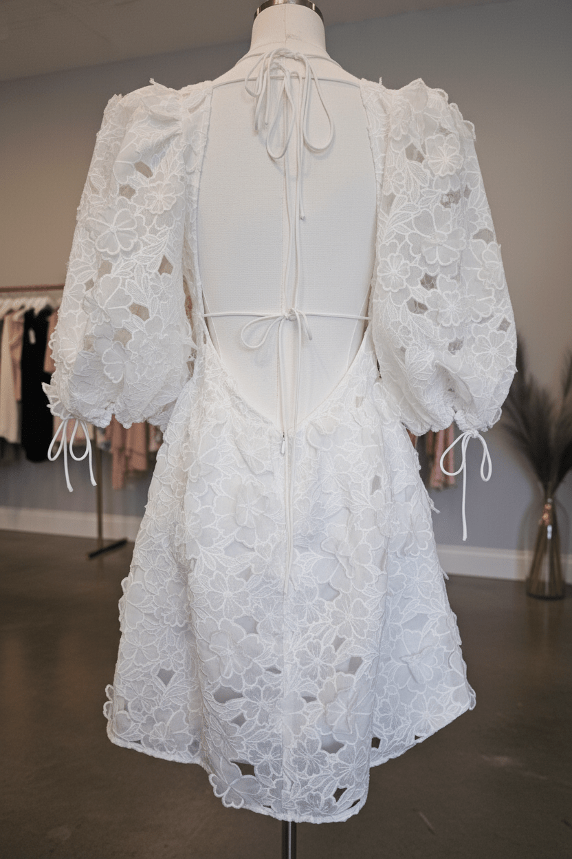 White 3D Floral Cutout Lace Mini Dress with Open Back by For Love & Lemons - The Garment Garden Boutique