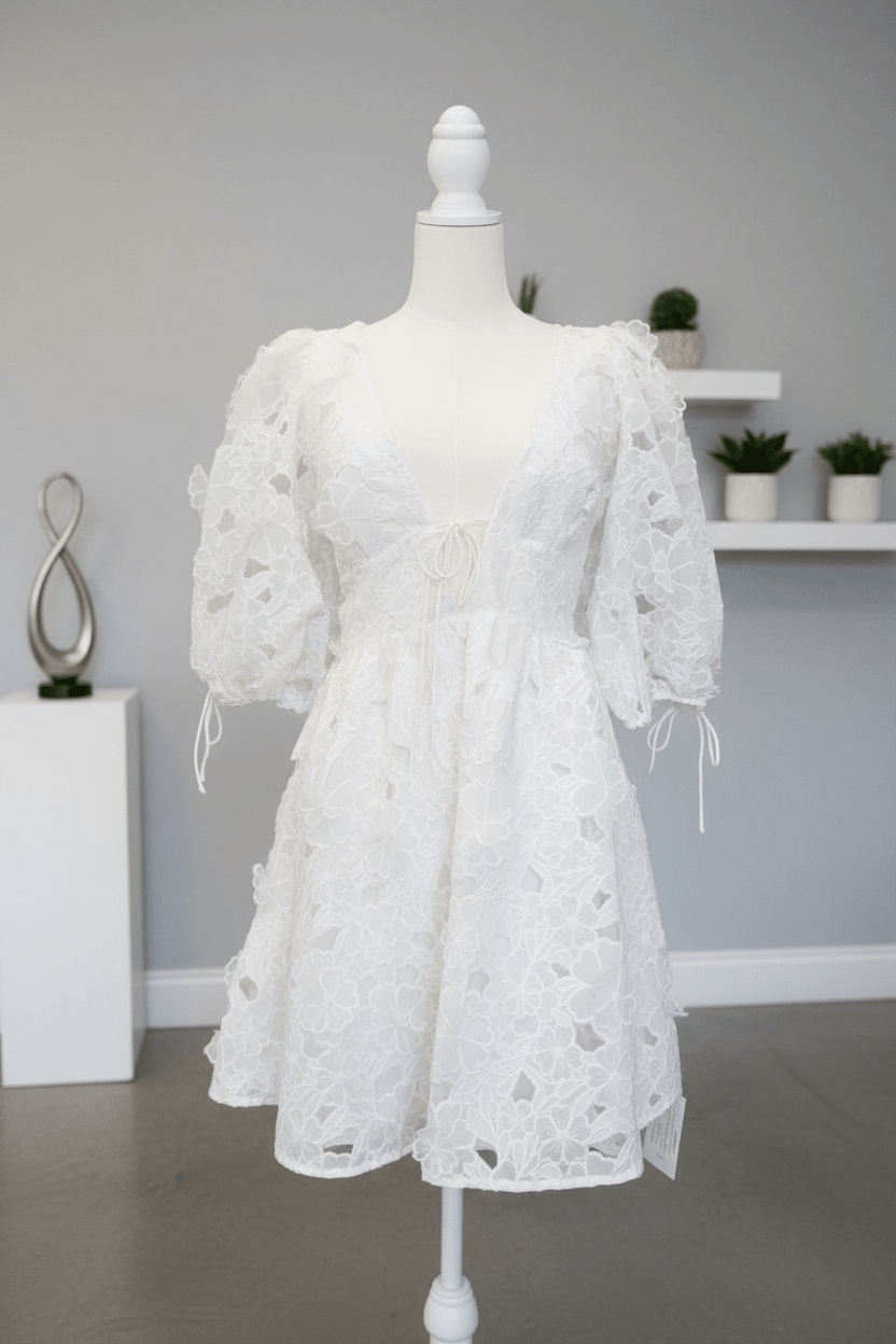 White 3D Floral Cutout Lace Mini Dress with Open Back by For Love & Lemons - The Garment Garden Boutique