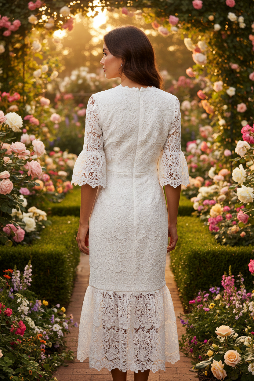 White Floral Lace Bell Sleeve Midi Dress - The Garment Garden Boutique