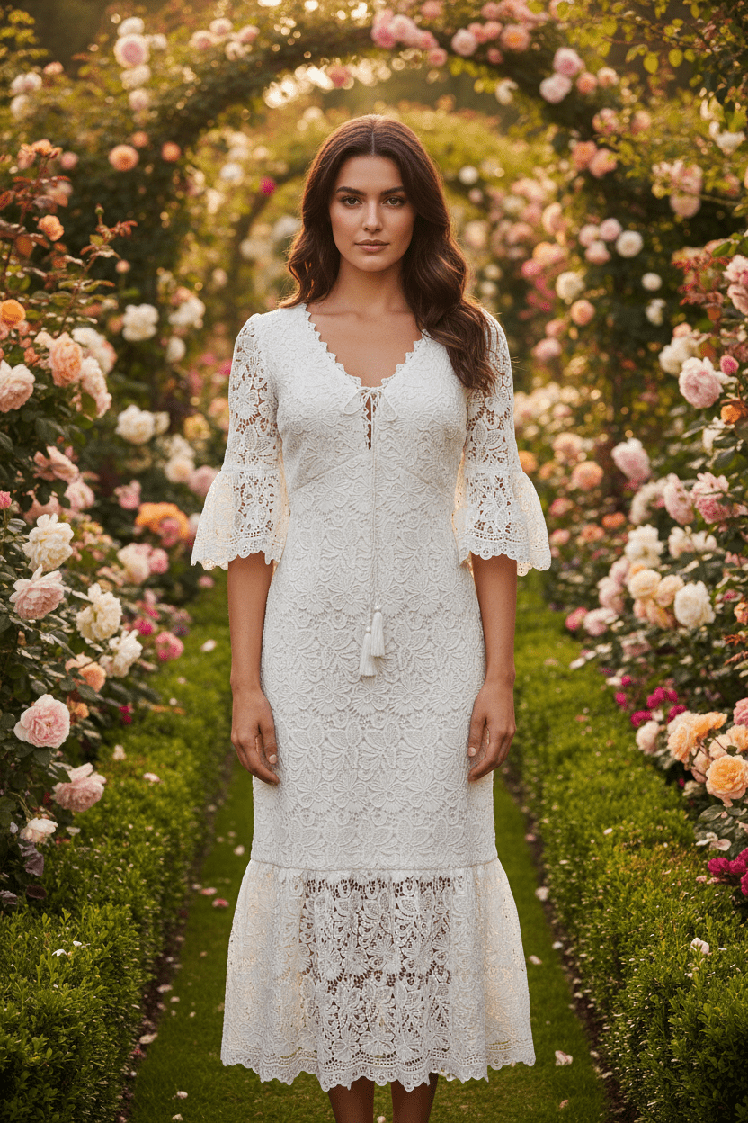 White Floral Lace Bell Sleeve Midi Dress - The Garment Garden Boutique