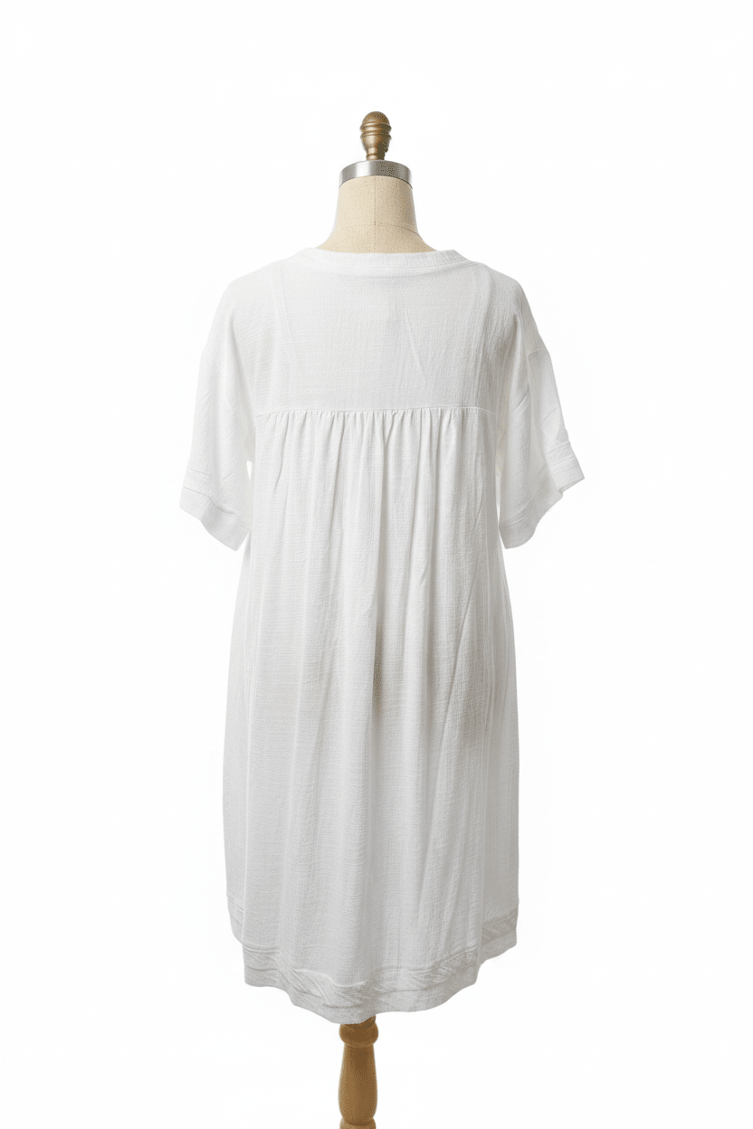 White Cotton Surplice Mini Dress with Tassel Tie - The Garment Garden Boutique